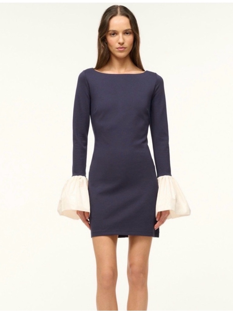 Staud Navy Hawthorne Two-Tone Bell Sleeve Dress (Orig Price $345)